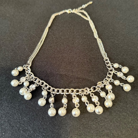 Pearl Drop Necklace Silver Tone Chain Delicate Rhinestone Women's Jewelry - Picture 1 of 3